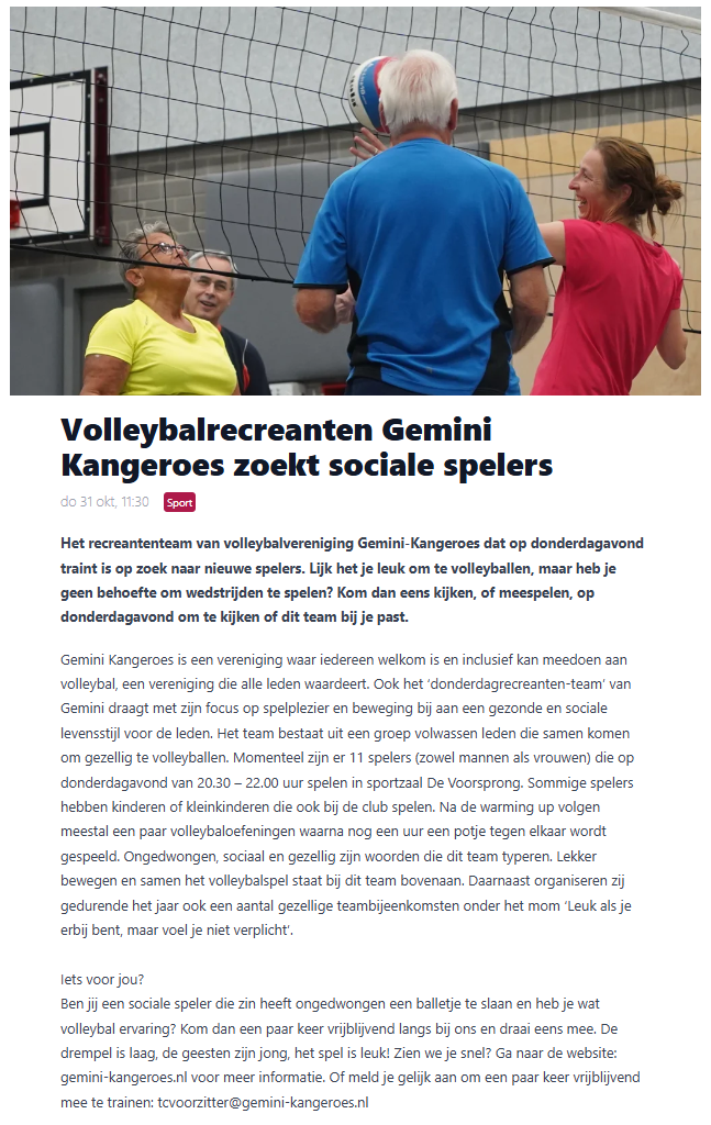 Volleybalrecreanten Gemini Kangeroes zoekt sociale spelers